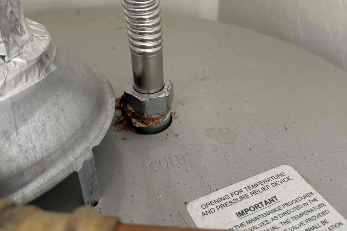 Rust and corrosion around the cold-water connection on top of a tank water heater