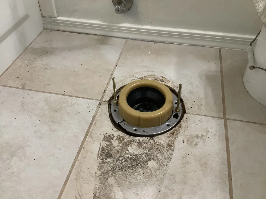 A new toilet seal and flange before the toilet is installed
