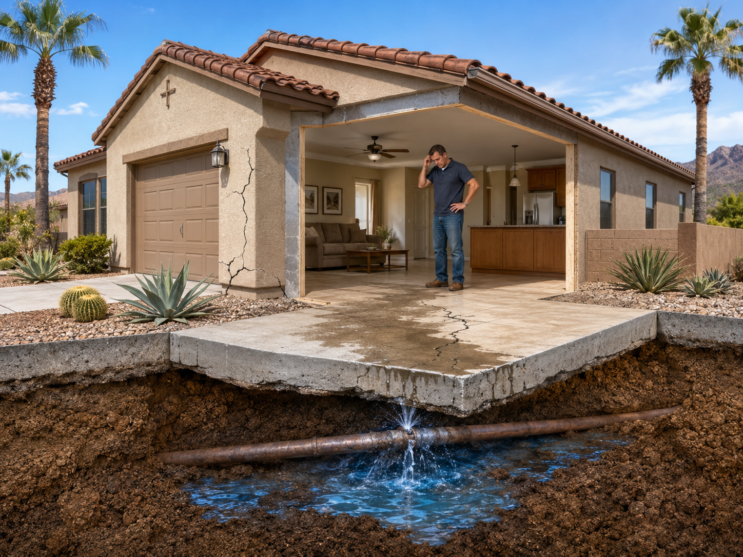Leaking water pipe beneath the concrete foundation of an Arizona home requiring slab leak repair in Sun Lakes, AZ.