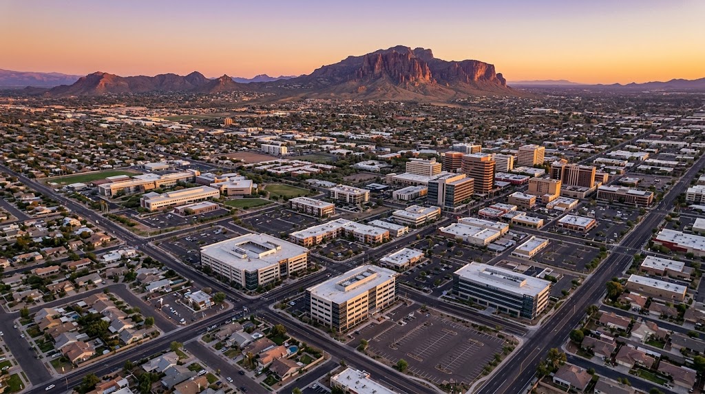 Mesa AZ city skyline and desert mountains at sunset