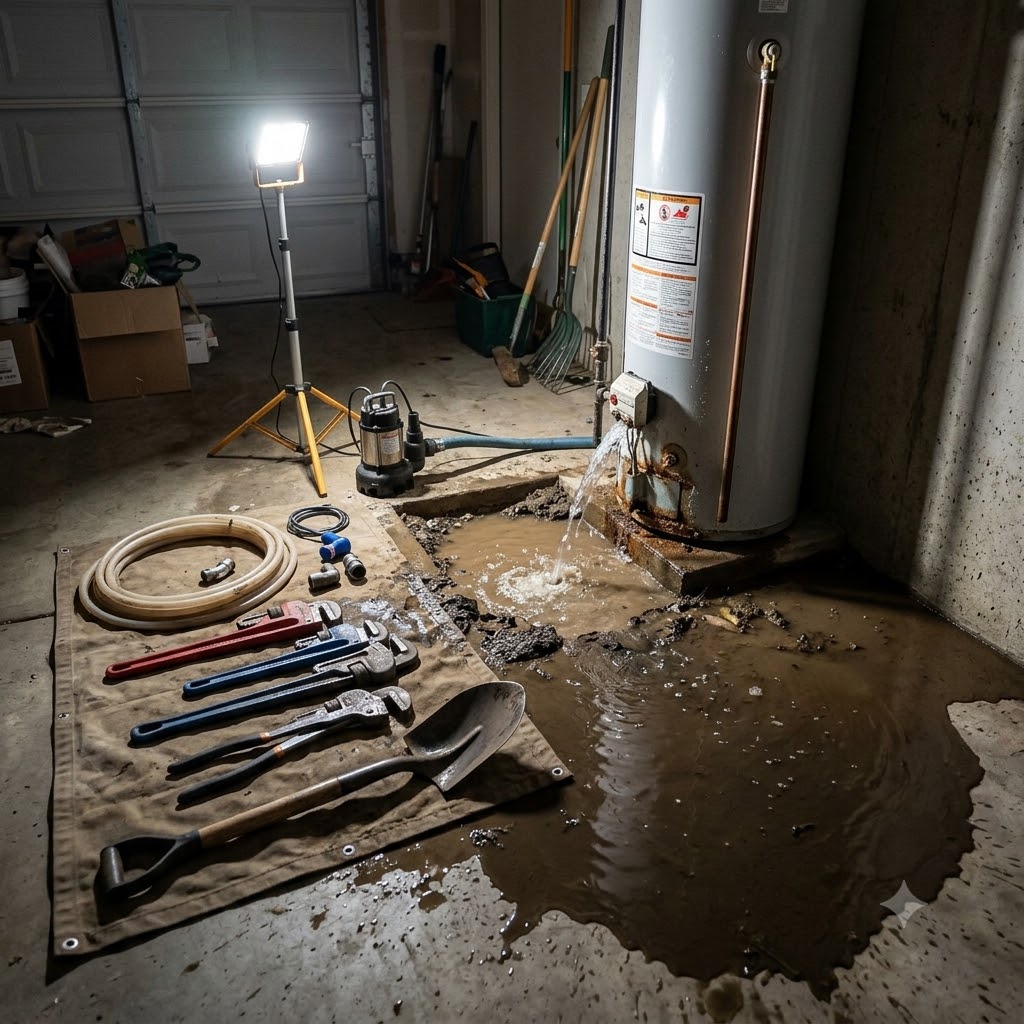 Water coming up from the ground in the garage near a water heater