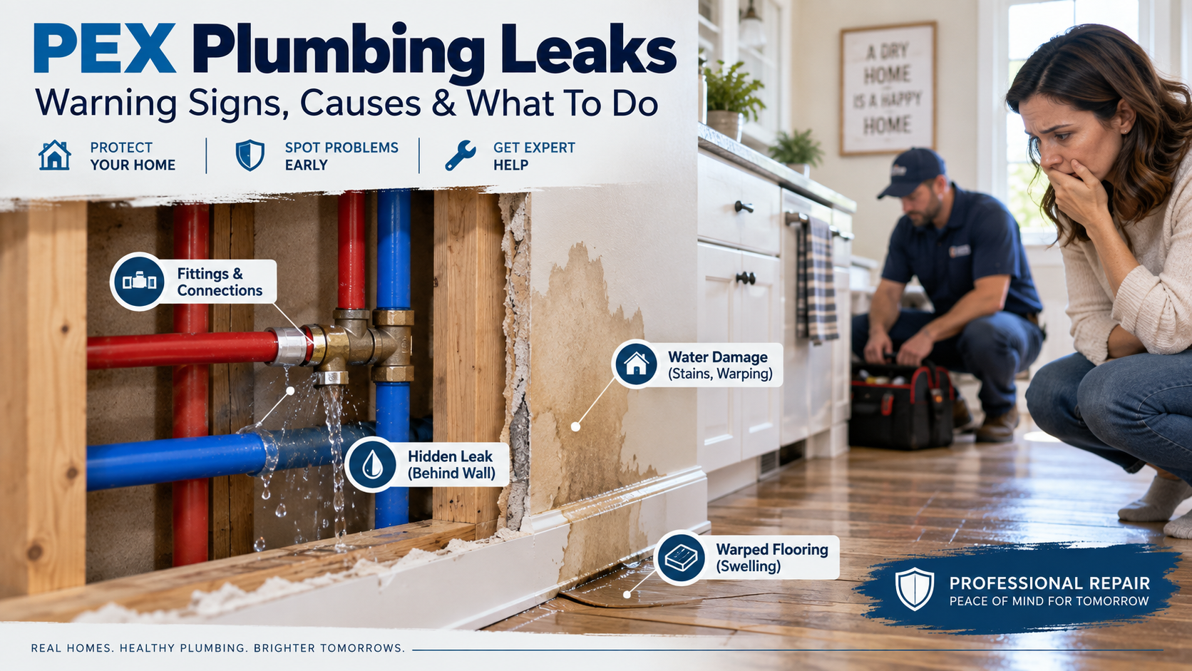 PEX plumbing leak behind a wall causing water damage and warped flooring in a home while a plumber inspects the problem.