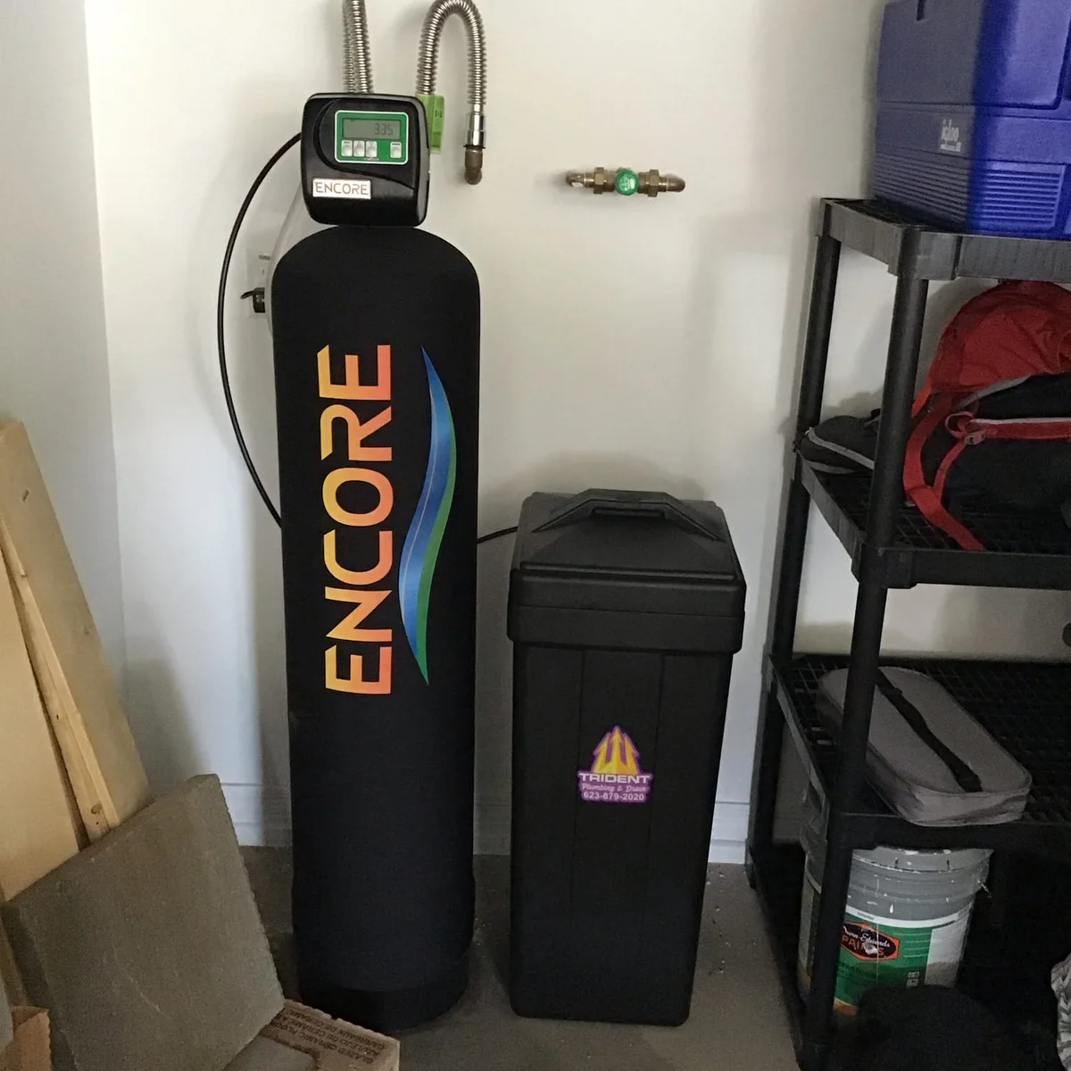 Encore whole-house water filtration system with brine tank installed in a Buckeye, AZ home.
