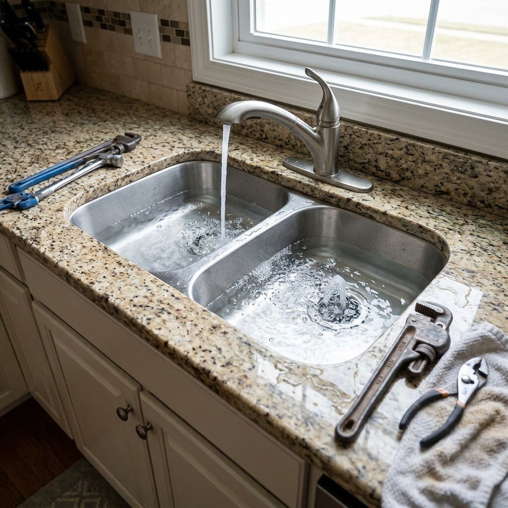 Kitchen sink overflowing with water and plumbing tools on sink