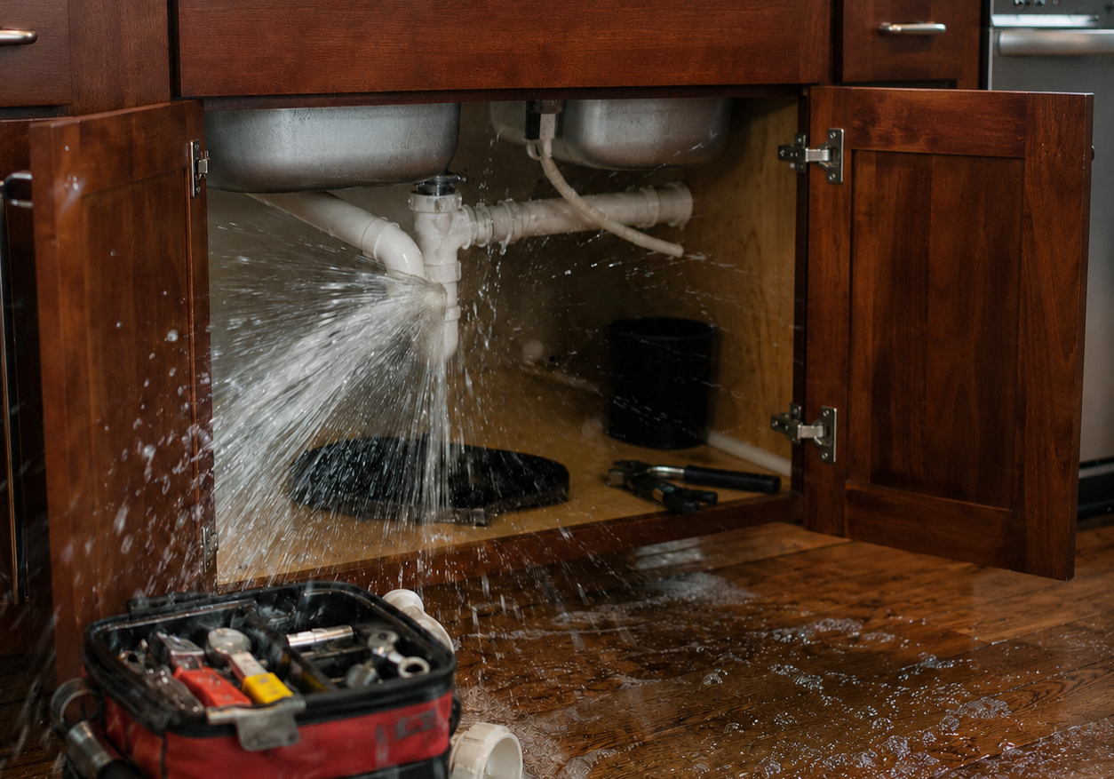 Brocken pipe under a kitchen sink