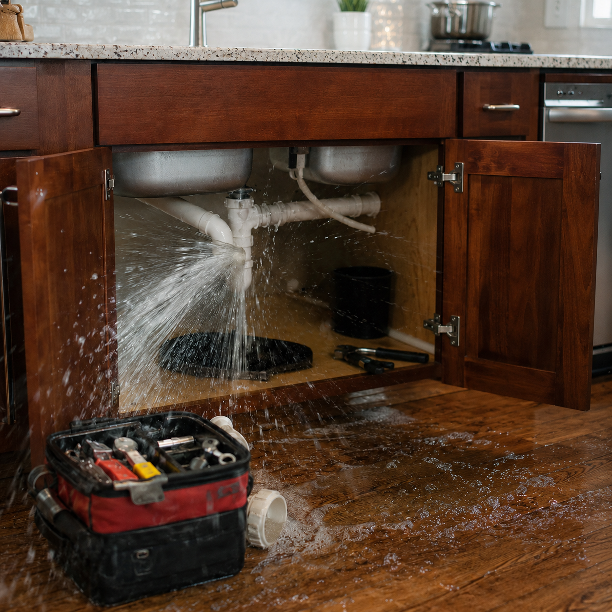 Brocken pipe under a kitchen sink