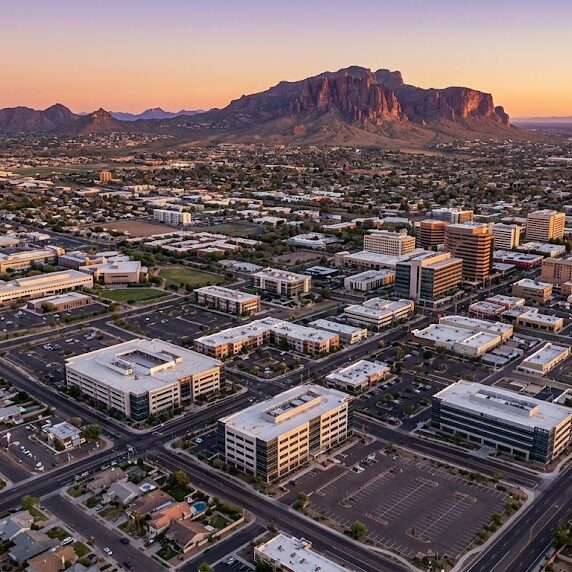 Mesa AZ city skyline and desert mountains at sunset