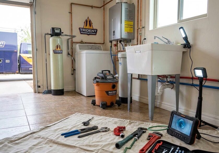 Inside a customers garage rendering an emergency drain cleaning
